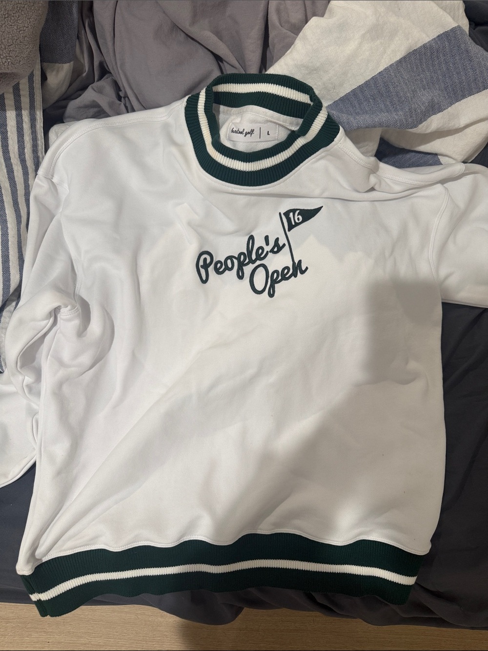 White Crewneck Sweatshirt with Green Trim - People's Open Graphic